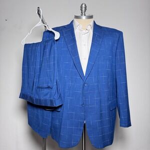 VINCI Designed in Italy Royal Blue Plaid Suit 2 Piece Jacket Pants 52R 38W